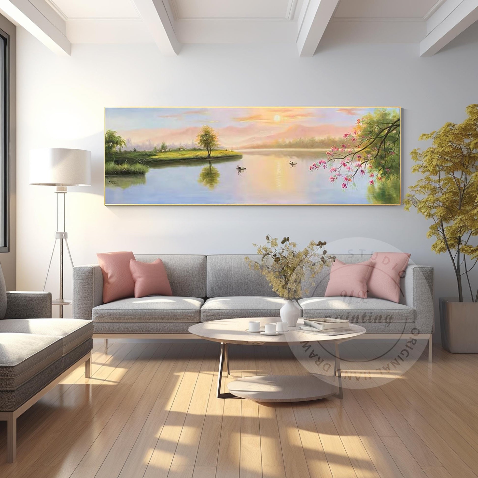 Original Forest River Sunrise Painting: Long Horizontal Canvas Wall Art #3