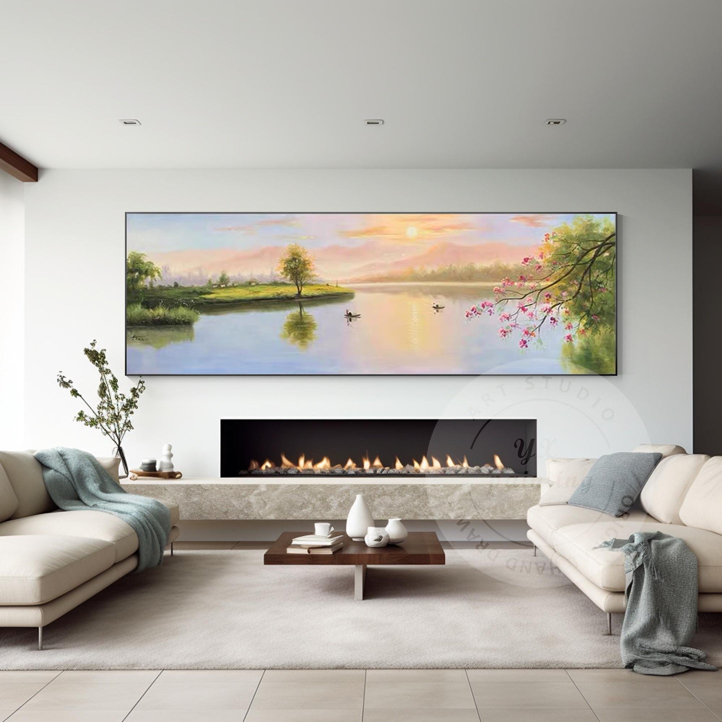 Original Forest River Sunrise Painting: Long Horizontal Canvas Wall Art #4