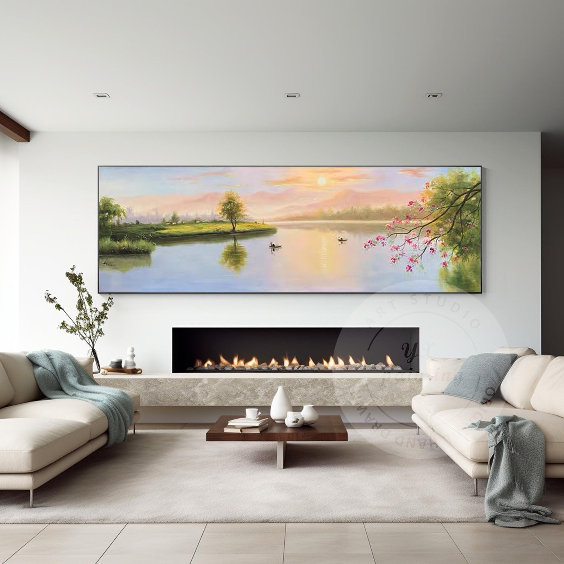 Original Forest River Sunrise Painting: Long Horizontal Canvas Wall Art #4