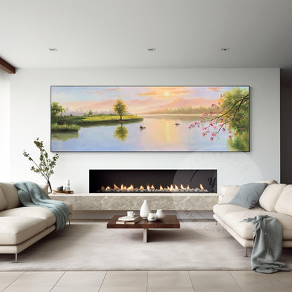 Original Forest River Sunrise Painting: Long Horizontal Canvas Wall Art #4