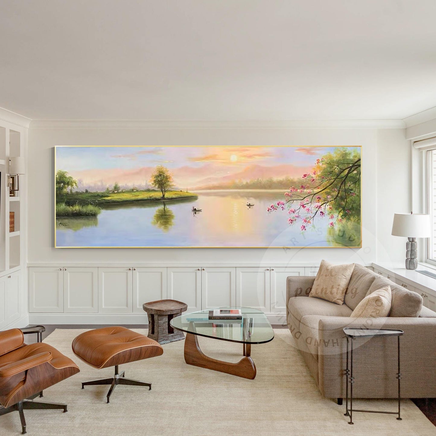 Original Forest River Sunrise Painting: Long Horizontal Canvas Wall Art #5