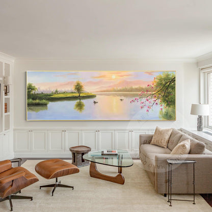 Original Forest River Sunrise Painting: Long Horizontal Canvas Wall Art #5