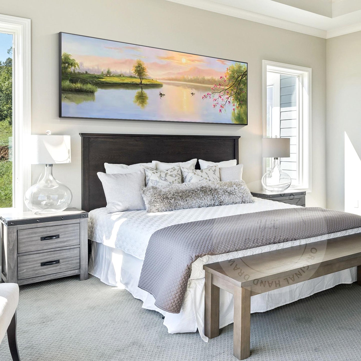 Original Forest River Sunrise Painting: Long Horizontal Canvas Wall Art #6