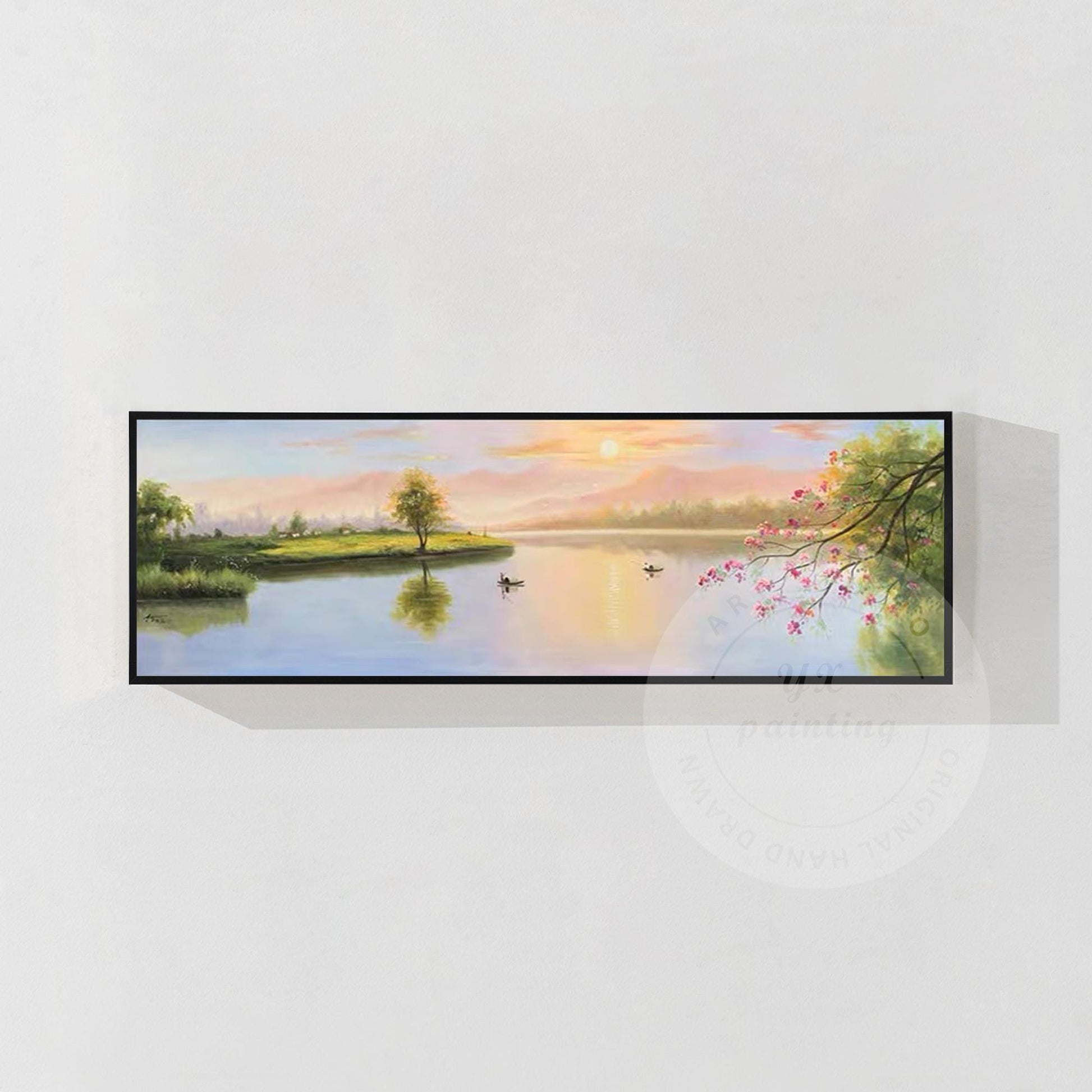 Original Forest River Sunrise Painting: Long Horizontal Canvas Wall Art #7