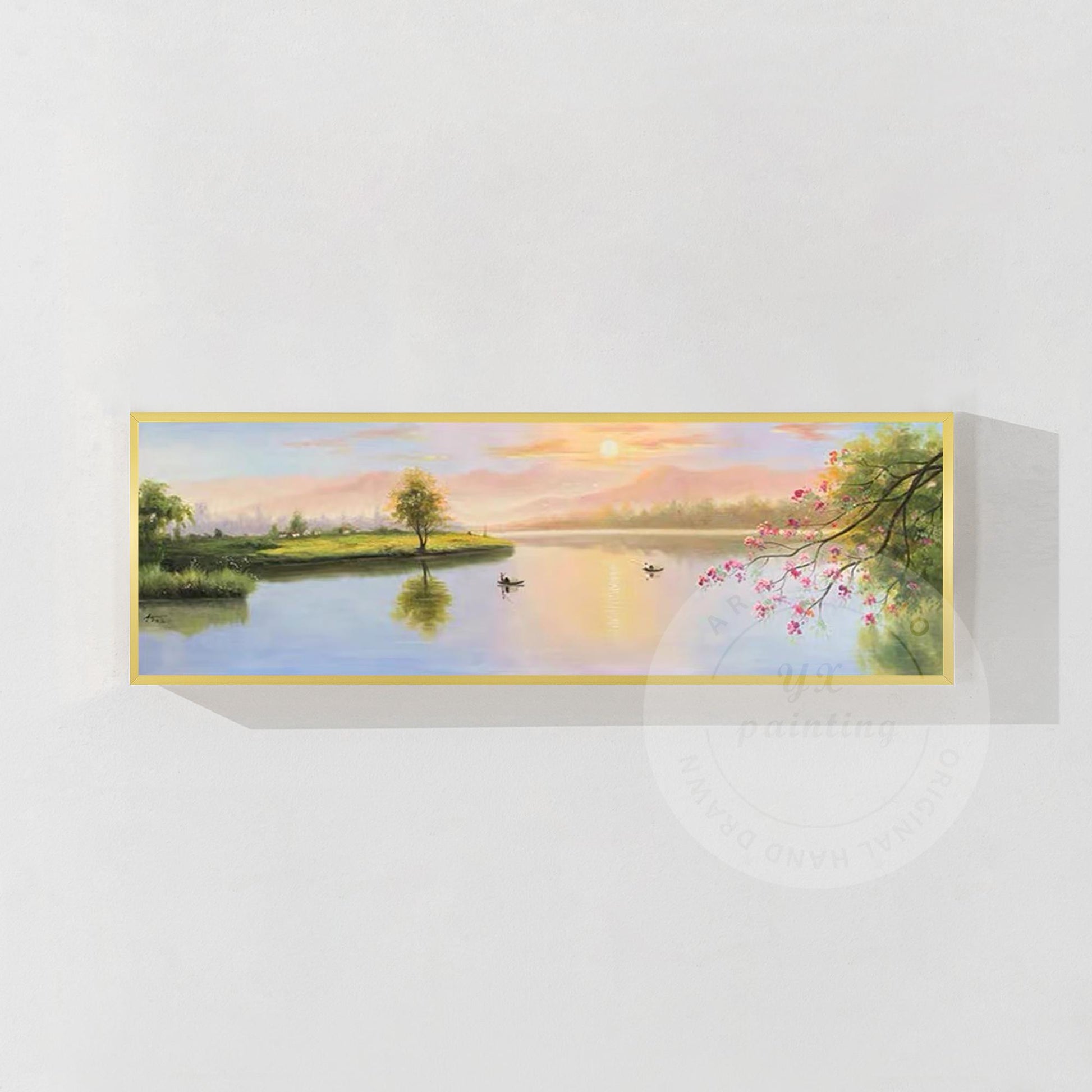 Original Forest River Sunrise Painting: Long Horizontal Canvas Wall Art #8
