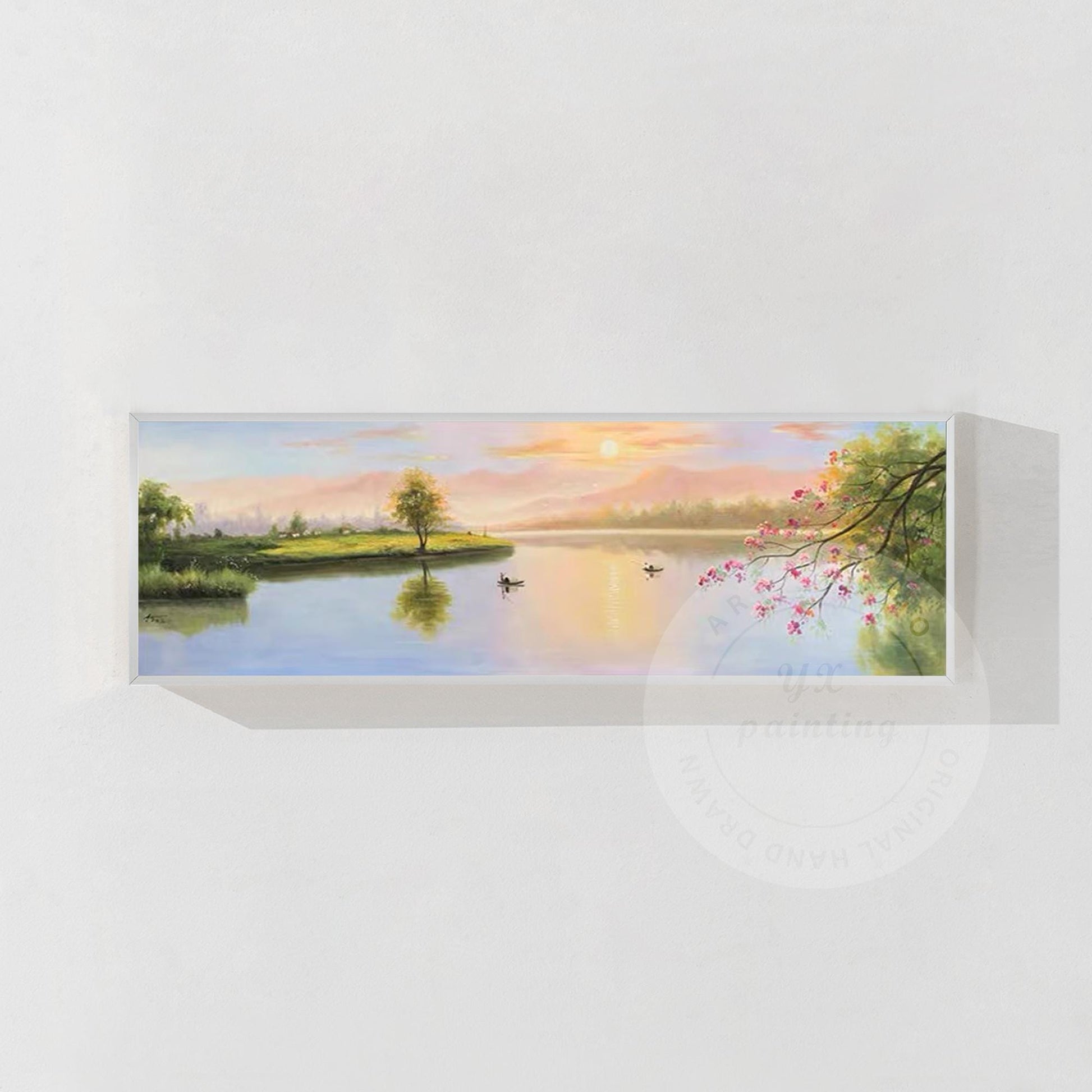 Original Forest River Sunrise Painting: Long Horizontal Canvas Wall Art #9
