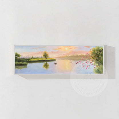 Original Forest River Sunrise Painting: Long Horizontal Canvas Wall Art #9
