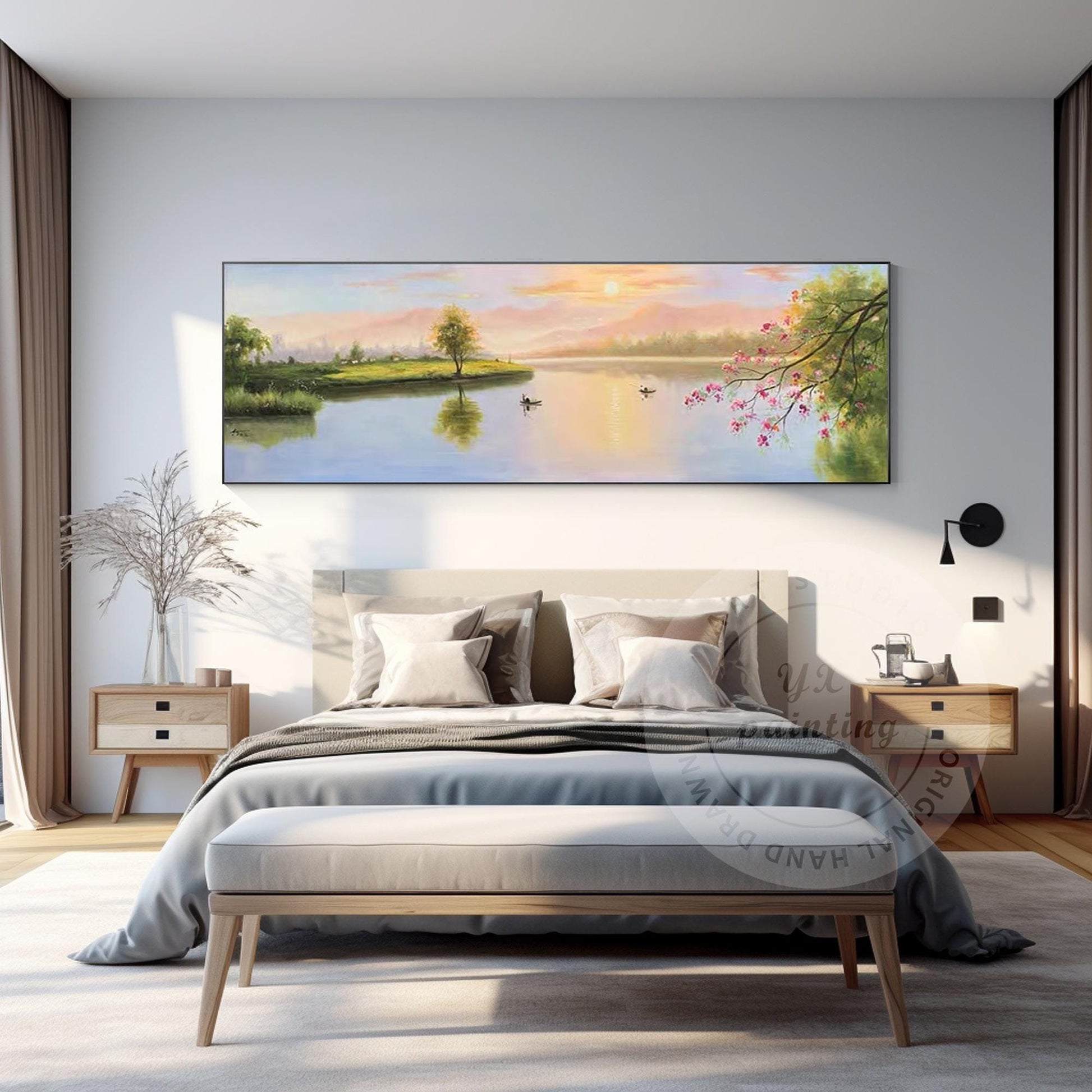 Original Forest River Sunrise Painting: Long Horizontal Canvas Wall Art #1