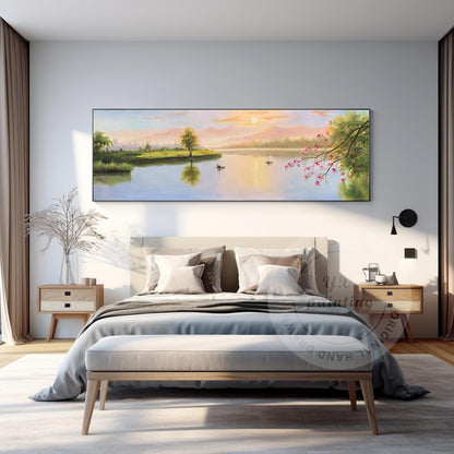 Original Forest River Sunrise Painting: Long Horizontal Canvas Wall Art #1