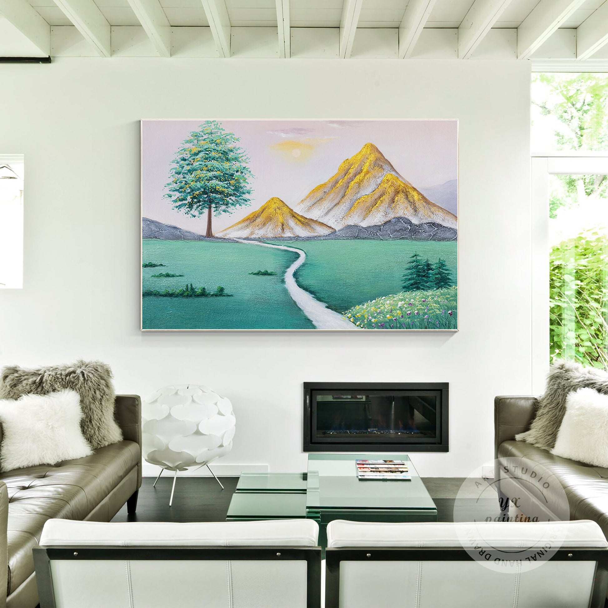 Original Green Gold Mountain Painting, Mountain Landscape Textured Painting, Gol #4