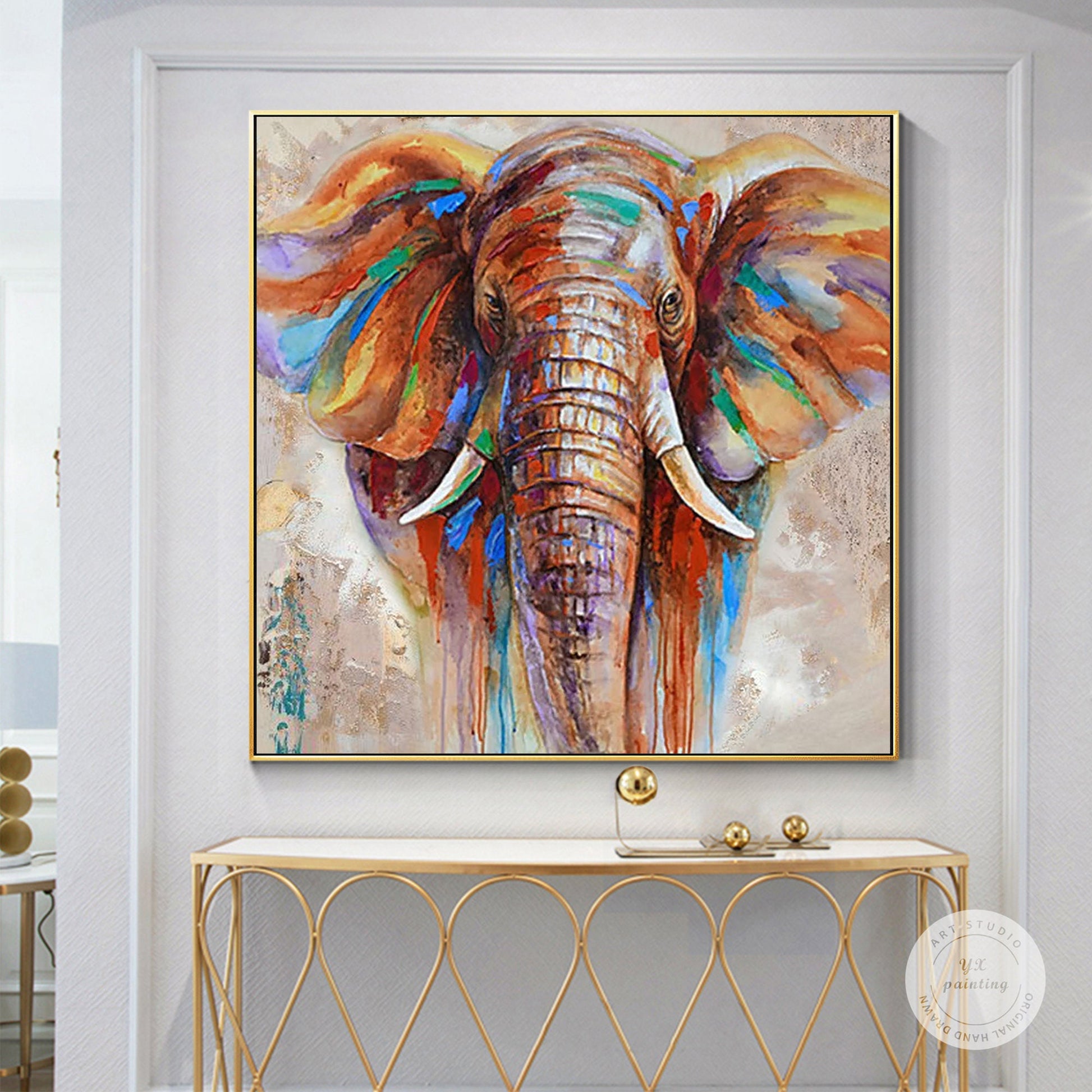 Original Hand-Painted Elephant Painting: Colorful Impressionist Art #3