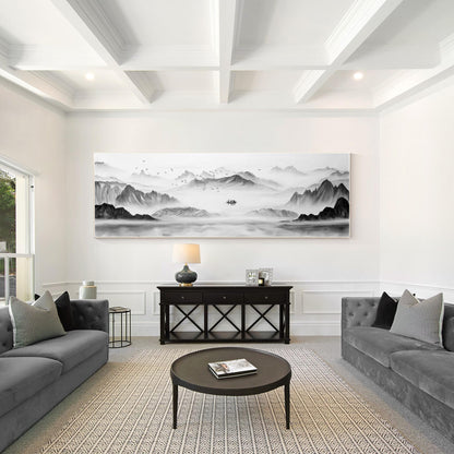 Original Mountain Lake Canvas Painting: Long Horizontal Landscape Art #2