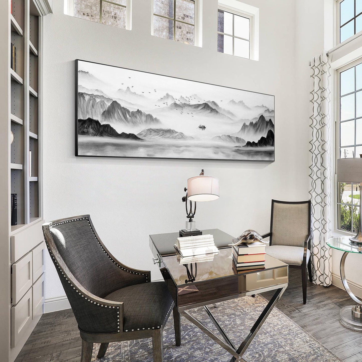 Original Mountain Lake Canvas Painting: Long Horizontal Landscape Art #5