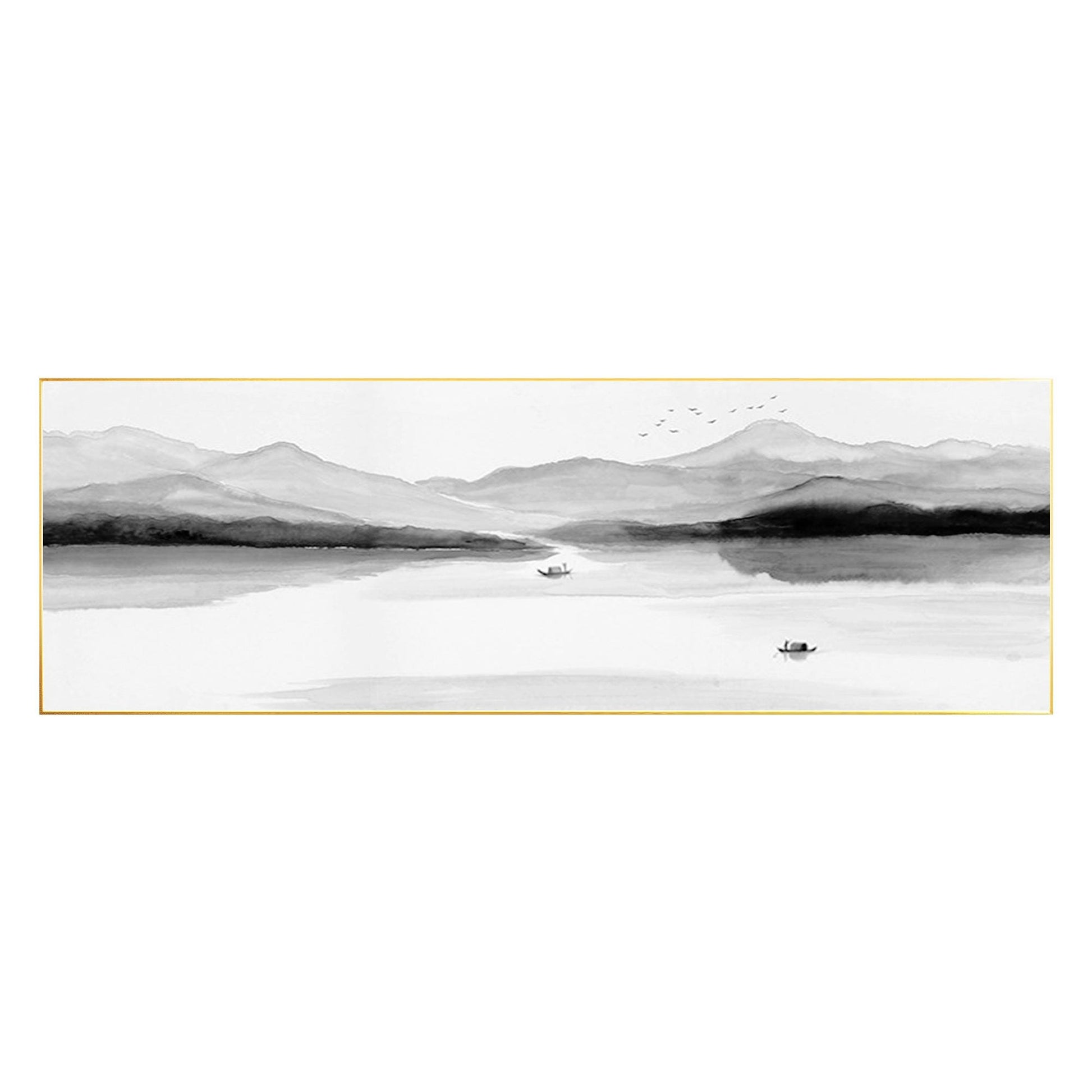 Original Mountain Lake Canvas Painting: Long Horizontal Landscape Art #7