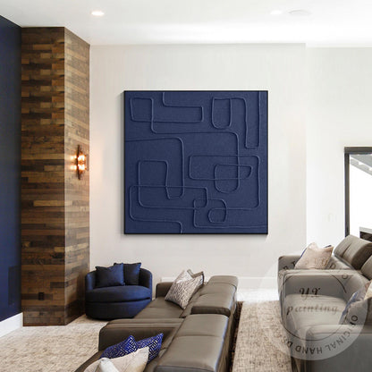Original Navy Blue Abstract Canvas Art, Square 3D Textured Painting, Contemporar #2