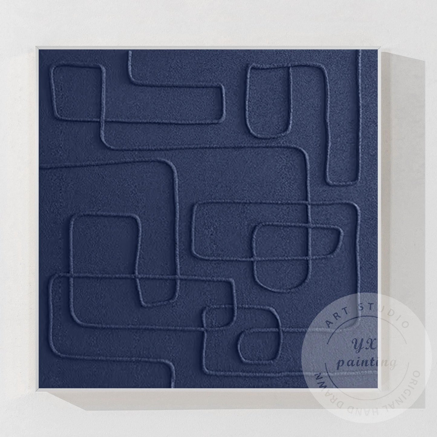 Original Navy Blue Abstract Canvas Art, Square 3D Textured Painting, Contemporar #11