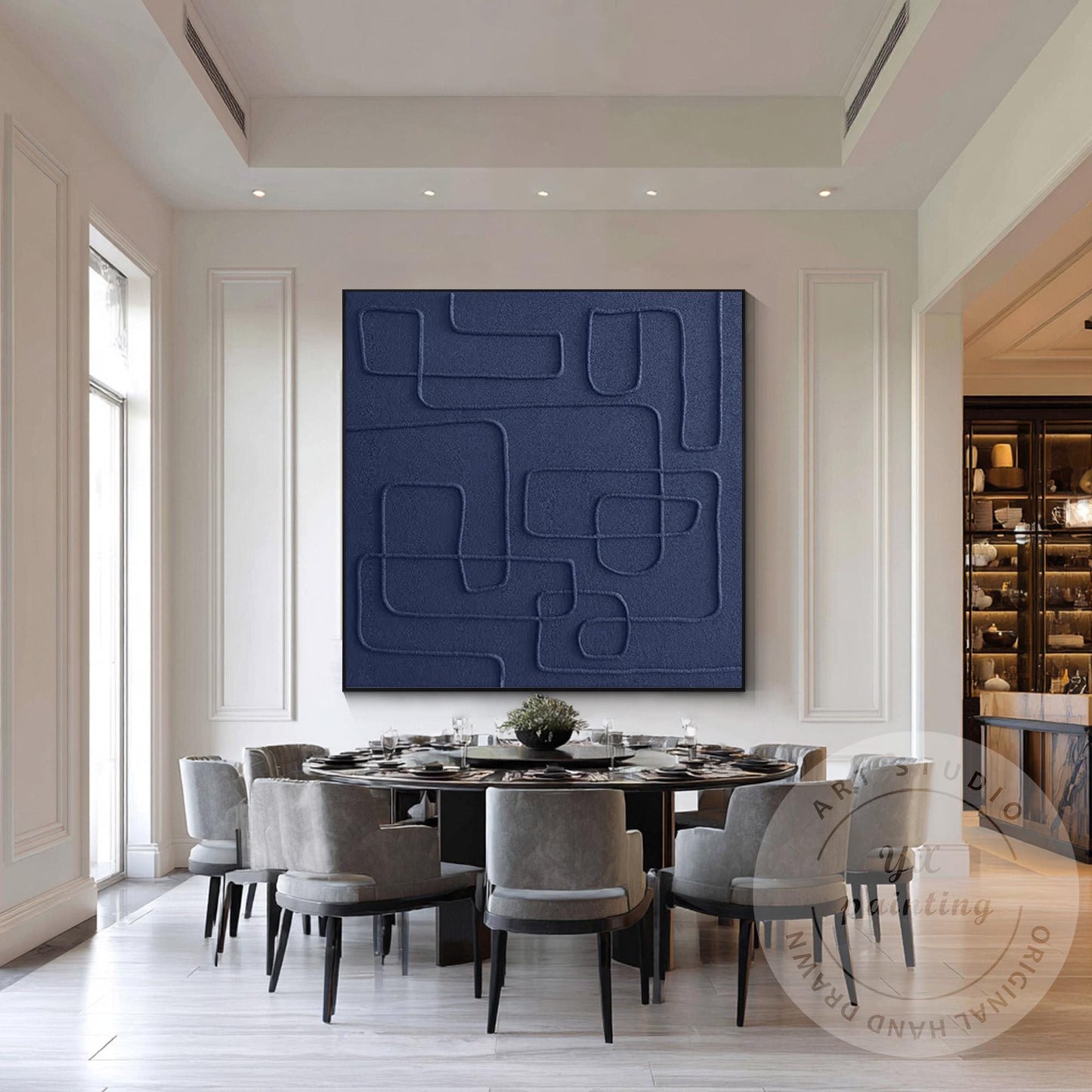 Original Navy Blue Abstract Canvas Art, Square 3D Textured Painting, Contemporar #3