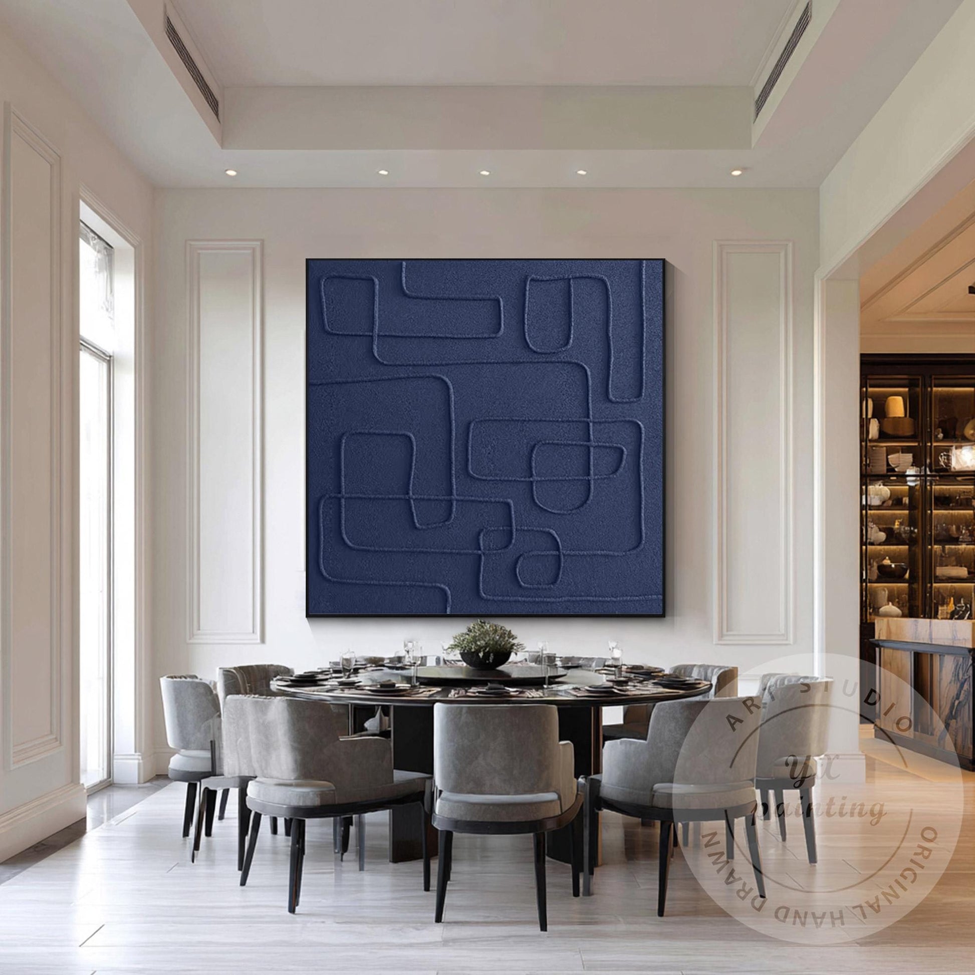 Original Navy Blue Abstract Canvas Art, Square 3D Textured Painting, Contemporar #3