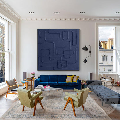 Original Navy Blue Abstract Canvas Art, Square 3D Textured Painting, Contemporar #4