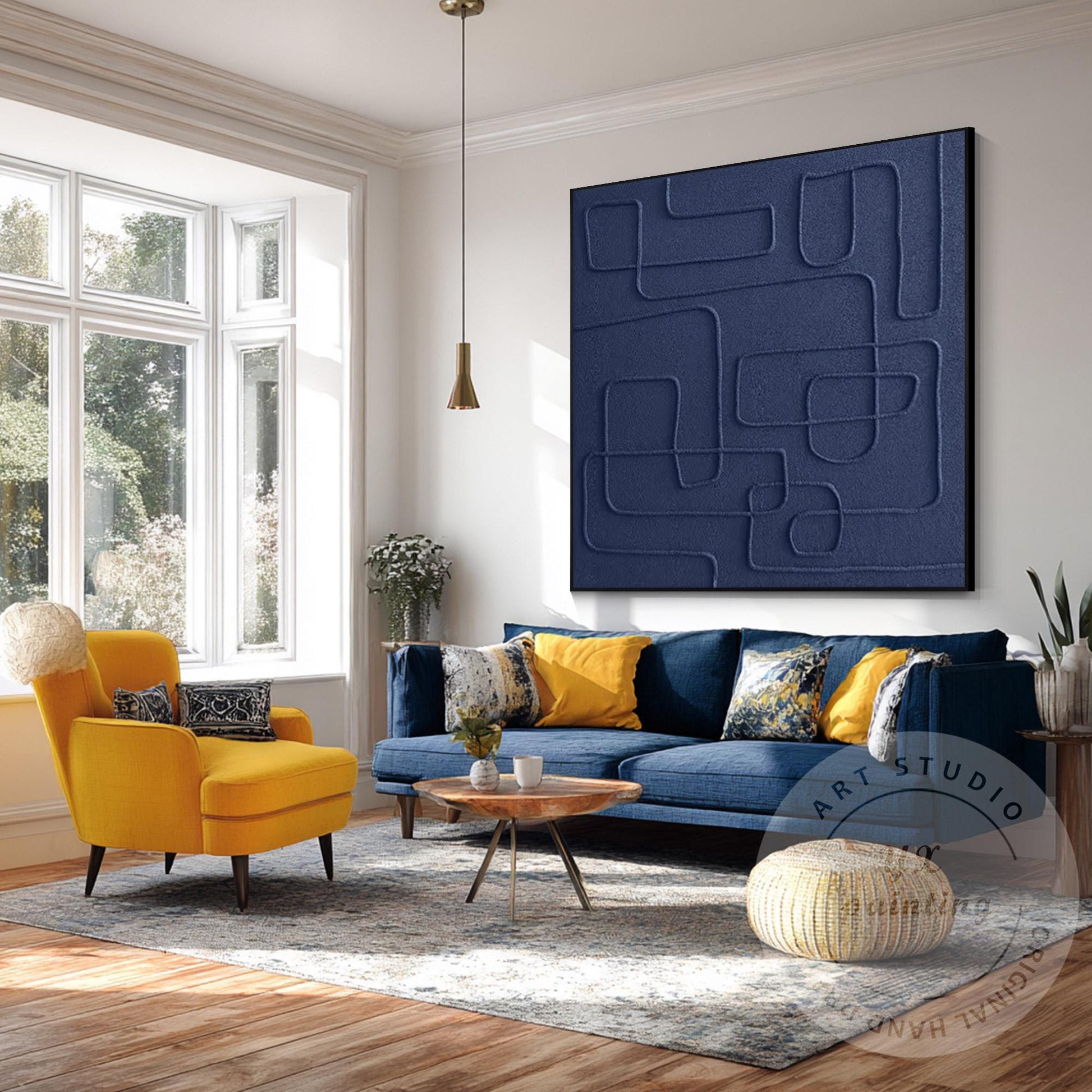 Original Navy Blue Abstract Canvas Art, Square 3D Textured Painting, Contemporar #1