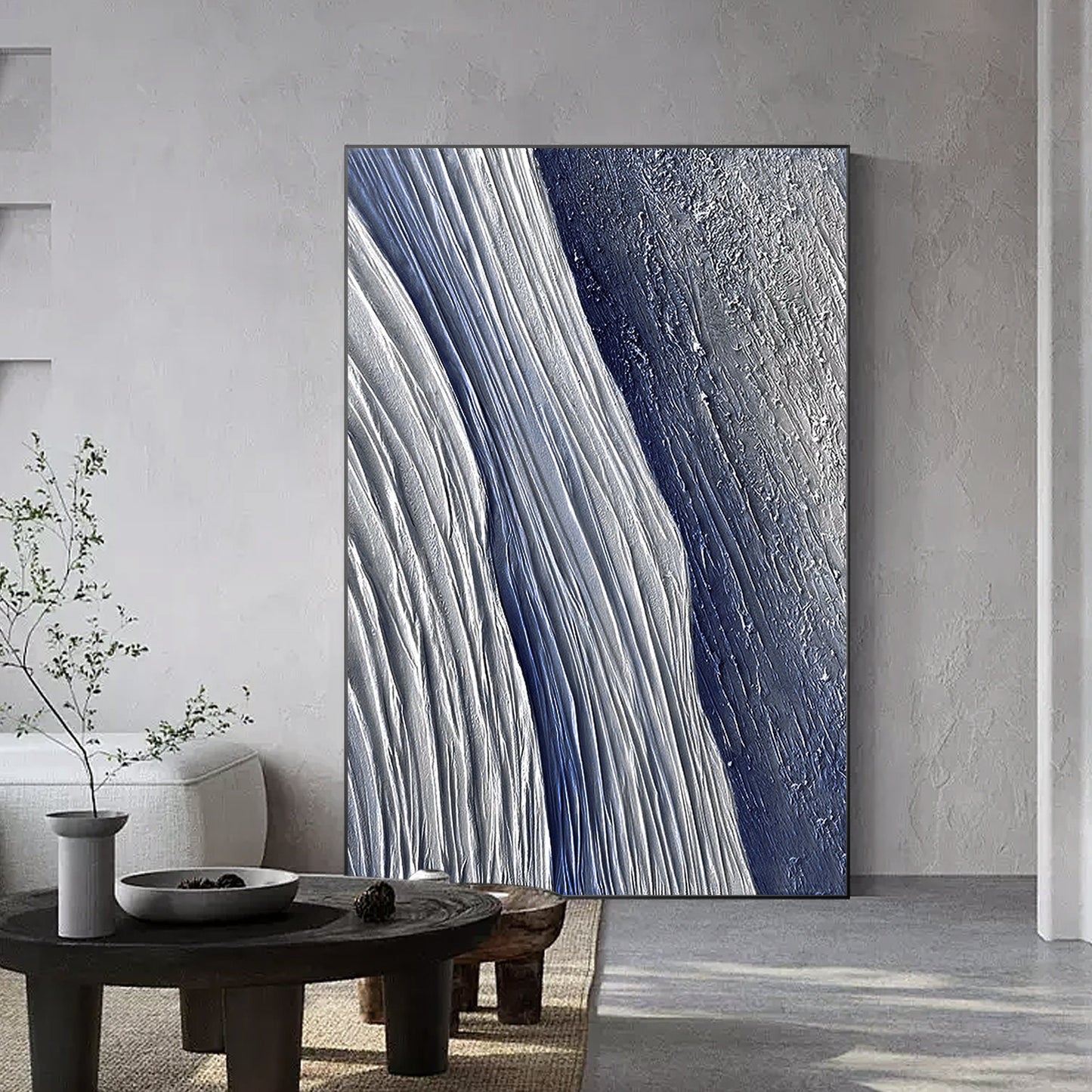 Original Navy Blue Seascape Texture Painting on Canvas - Framed Vertical Wall Ar #2