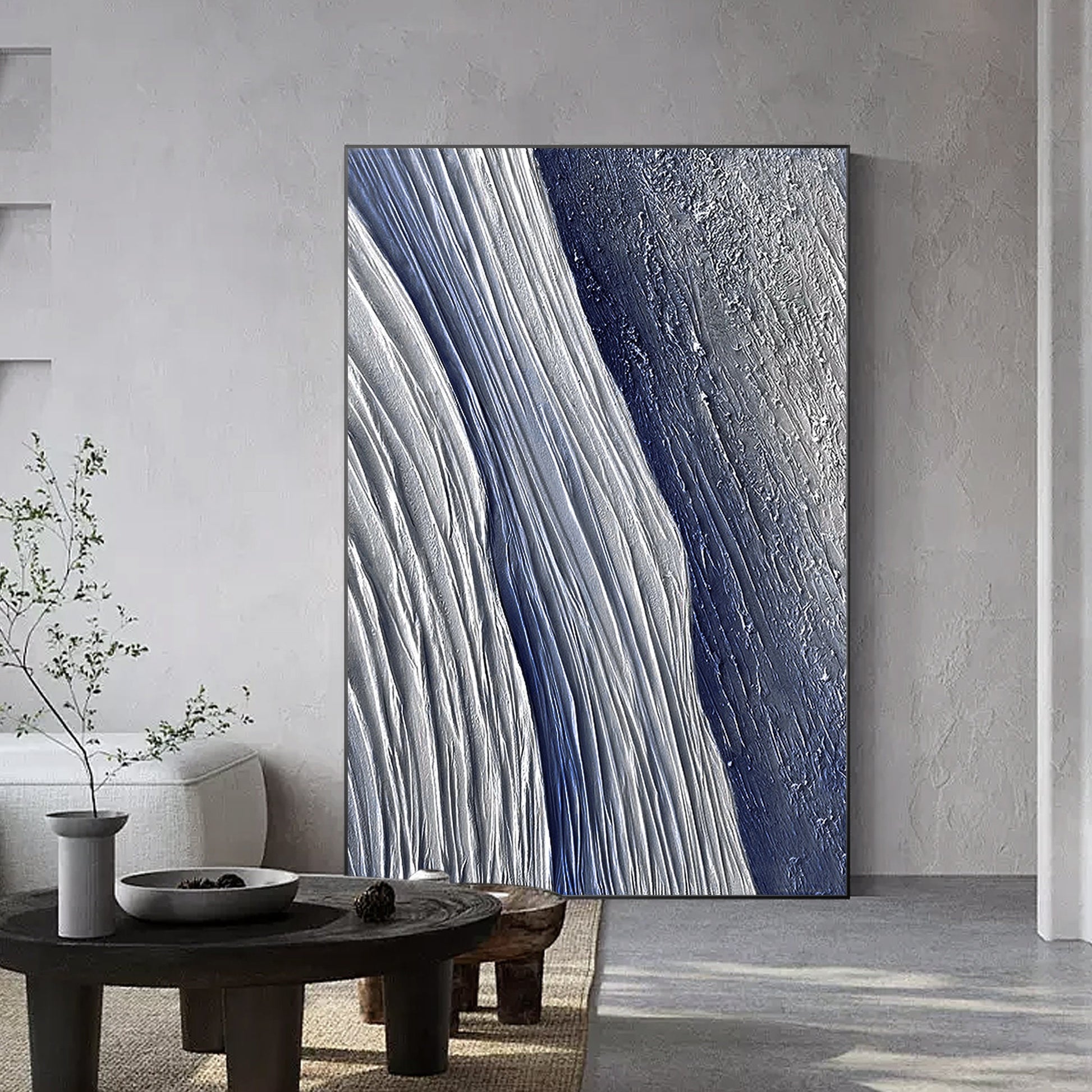 Original Navy Blue Seascape Texture Painting on Canvas - Framed Vertical Wall Ar #2