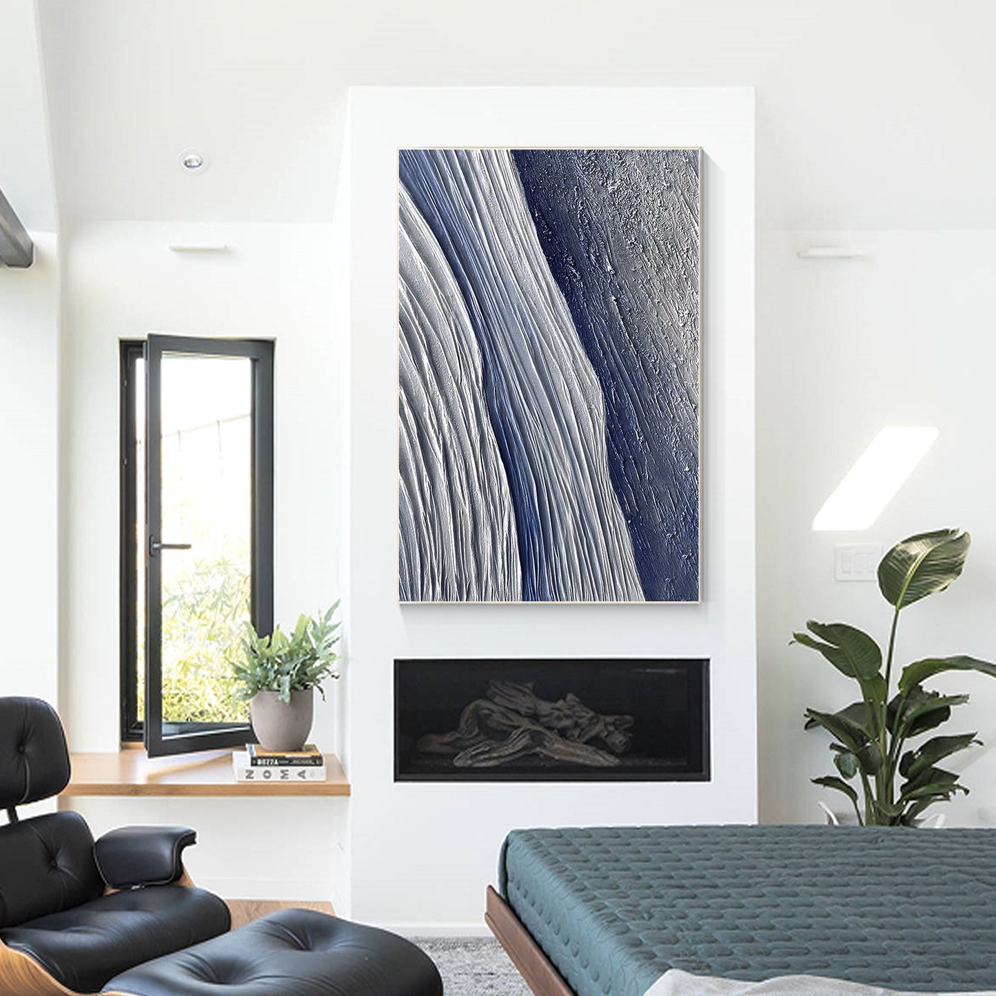 Original Navy Blue Seascape Texture Painting on Canvas - Framed Vertical Wall Ar #5