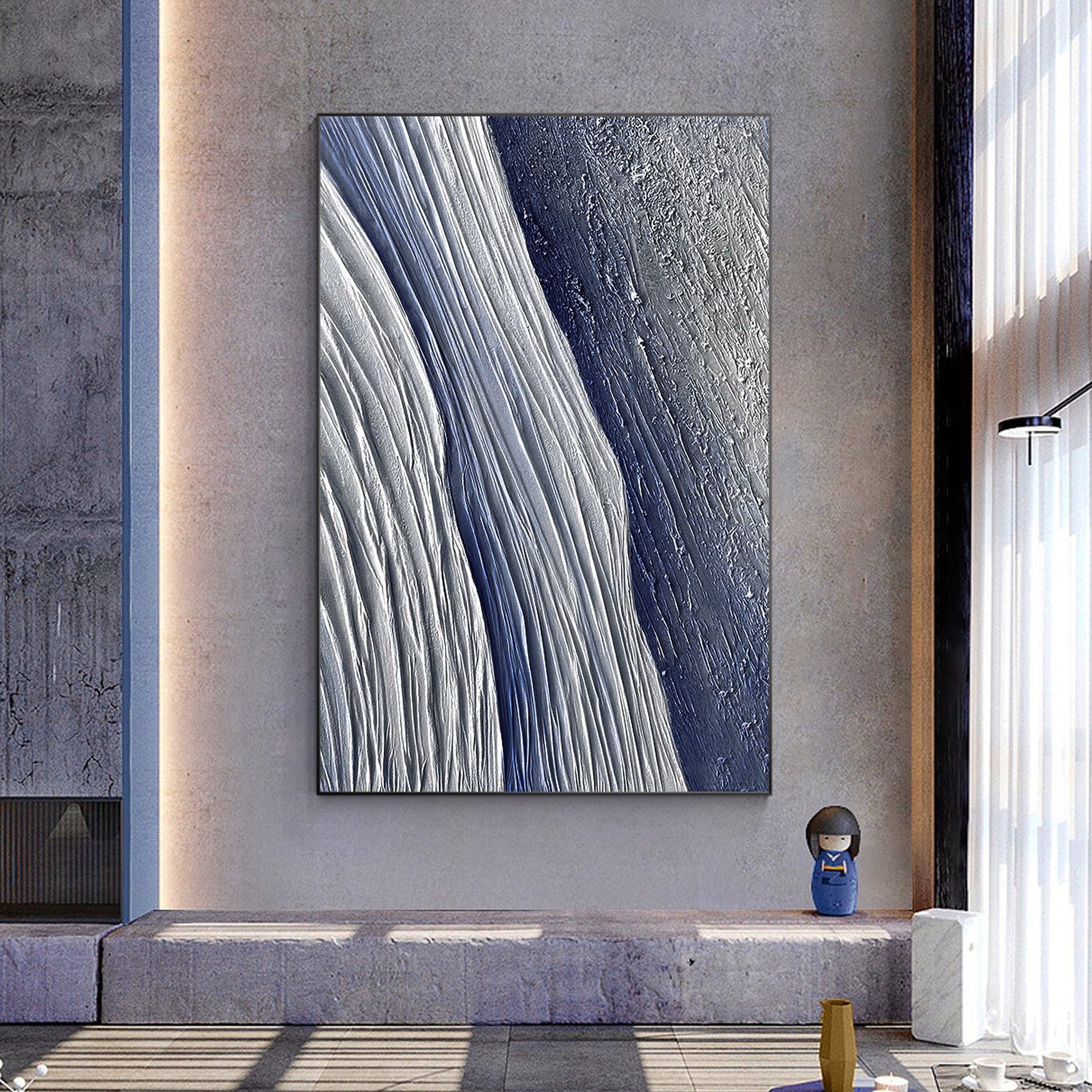 Original Navy Blue Seascape Texture Painting on Canvas - Framed Vertical Wall Ar #1