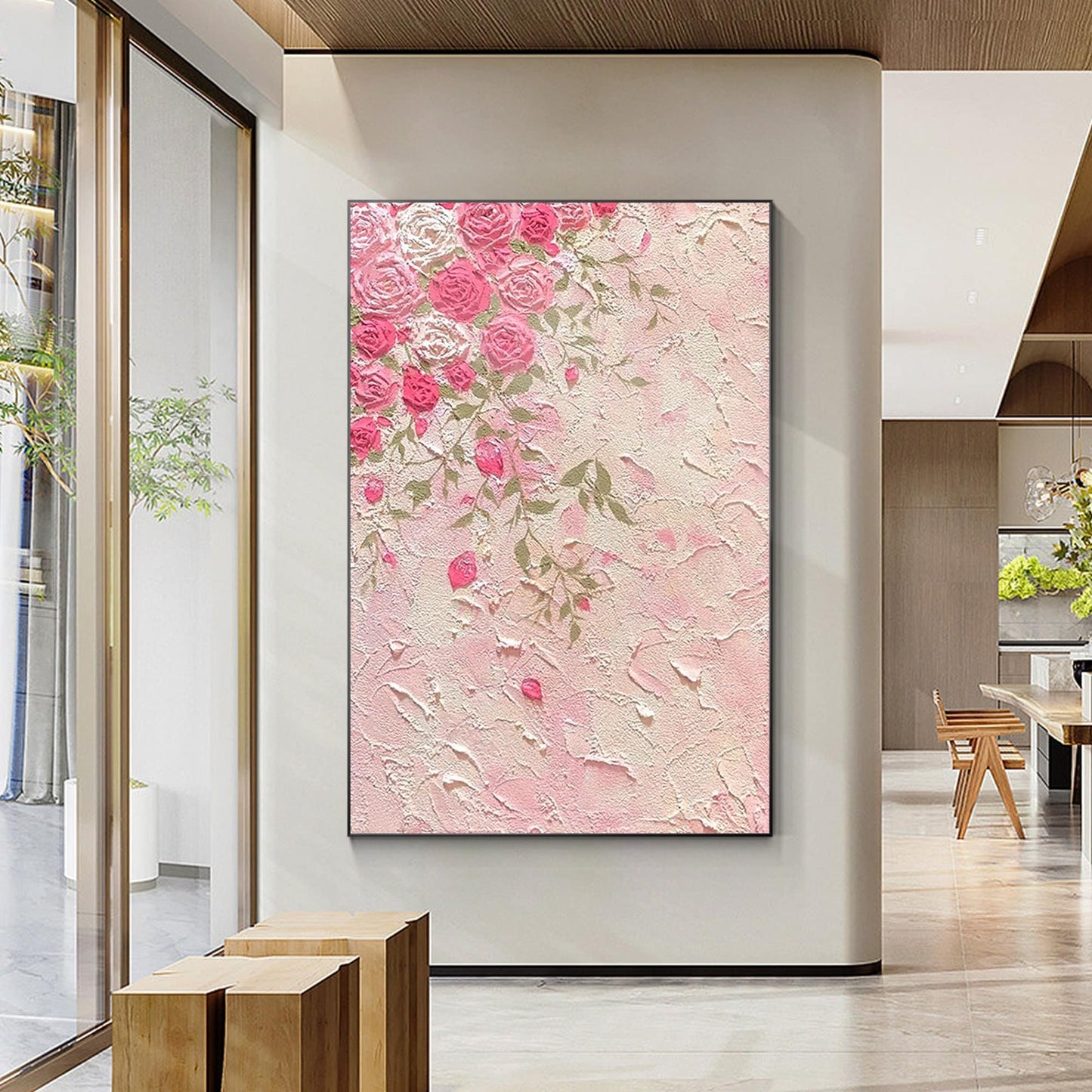 Original Pink Flowers Rose Painting, 3D Texture Flower Painting On Canvas, Extra #2