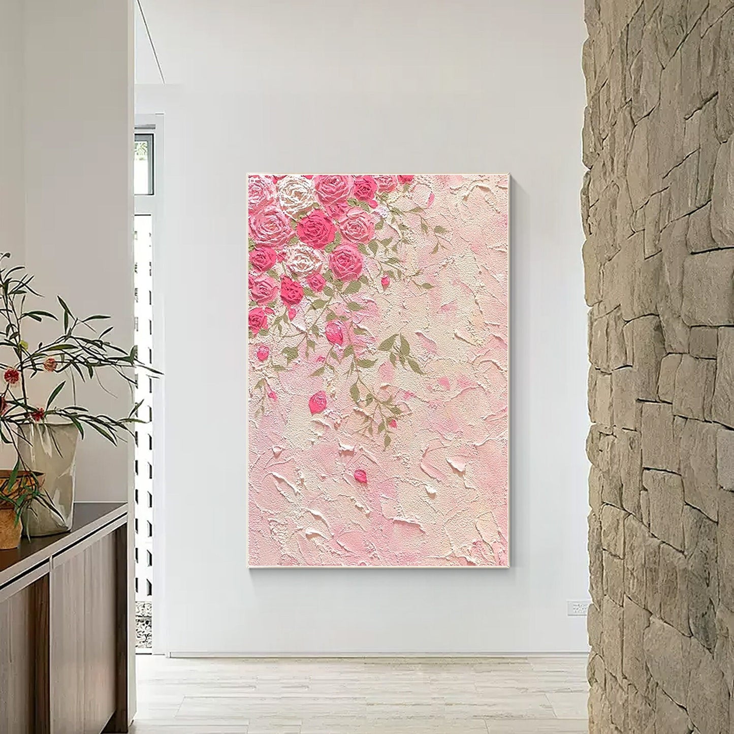 Original Pink Flowers Rose Painting, 3D Texture Flower Painting On Canvas, Extra #5