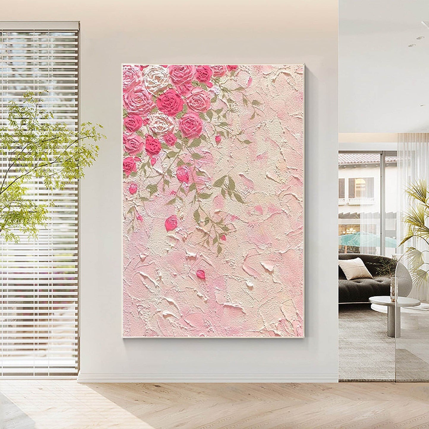Original Pink Flowers Rose Painting, 3D Texture Flower Painting On Canvas, Extra #1