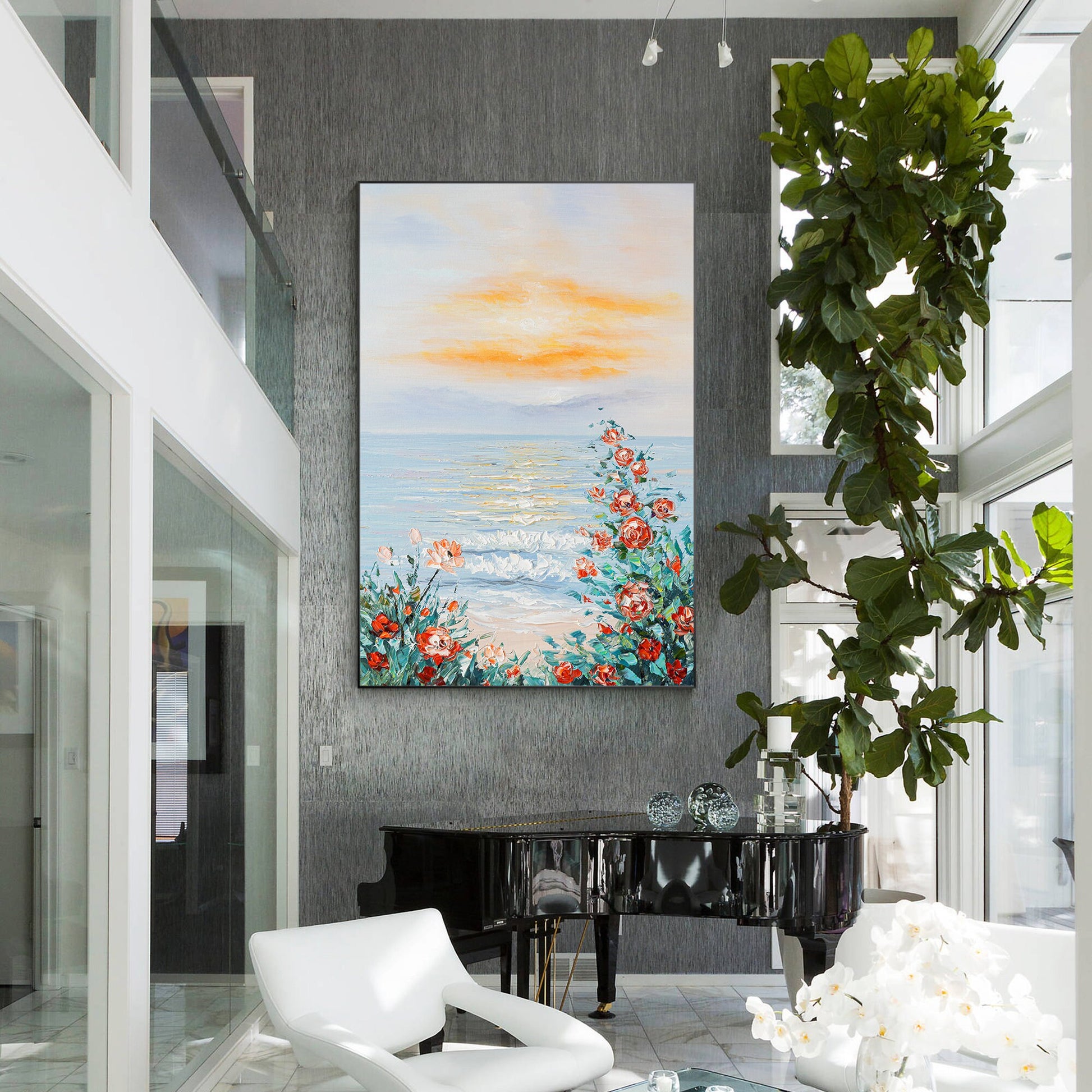Original Rose Seascape Painting: 3D Texture Coastal Wall Art #1