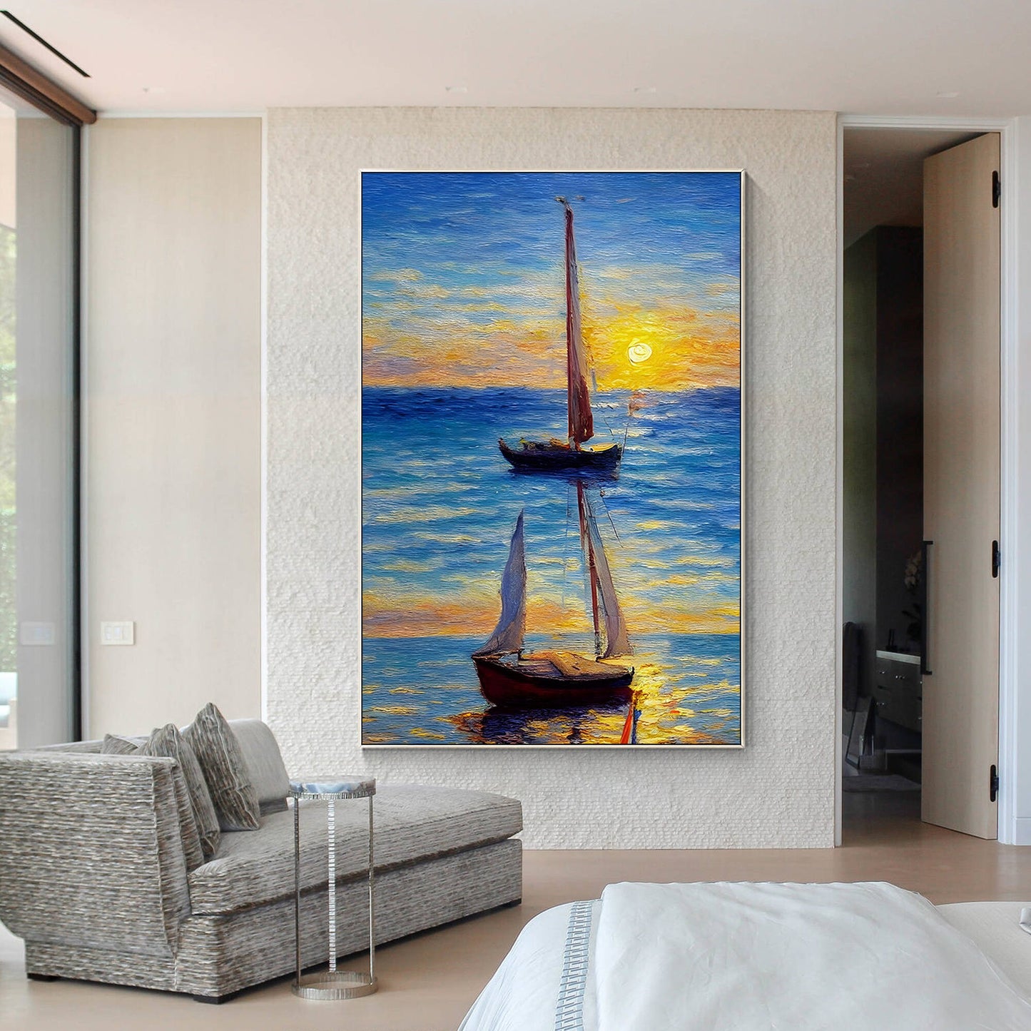 Original Sailboat Painting: Gold & Blue Seascape, Framed Canvas Wall Art #2