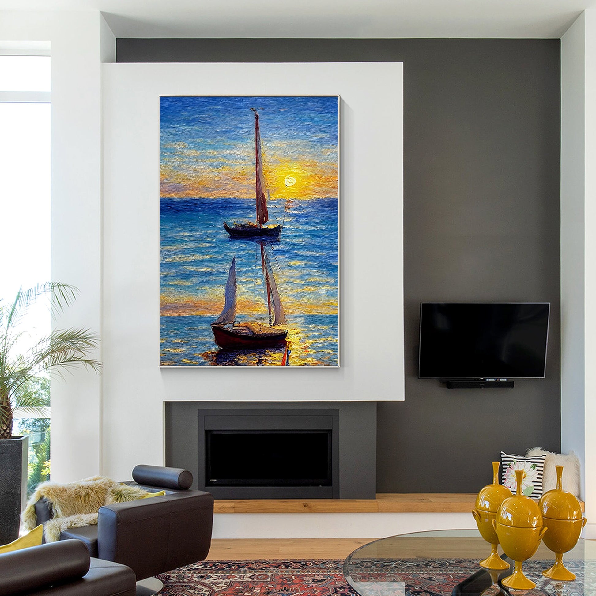 Original Sailboat Painting: Gold & Blue Seascape, Framed Canvas Wall Art #3