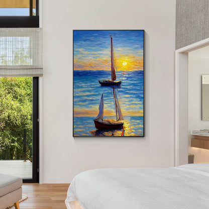 Original Sailboat Painting: Gold & Blue Seascape, Framed Canvas Wall Art #4