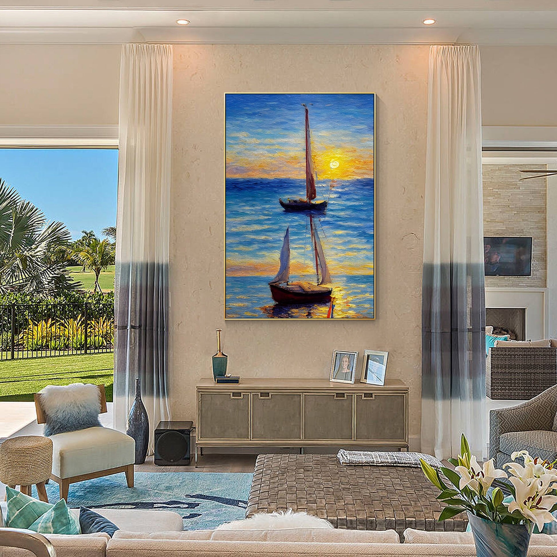 Original Sailboat Painting: Gold & Blue Seascape, Framed Canvas Wall Art #5