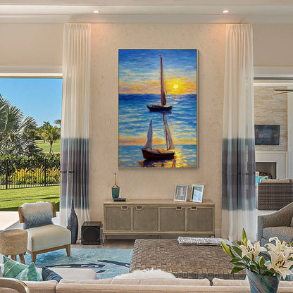 Original Sailboat Painting: Gold & Blue Seascape, Framed Canvas Wall Art #5