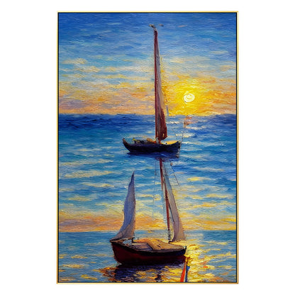 Original Sailboat Painting: Gold & Blue Seascape, Framed Canvas Wall Art #7