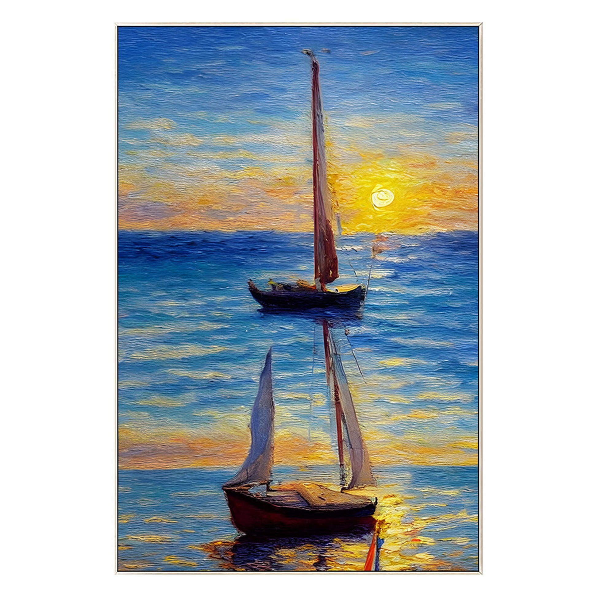 Original Sailboat Painting: Gold & Blue Seascape, Framed Canvas Wall Art #8