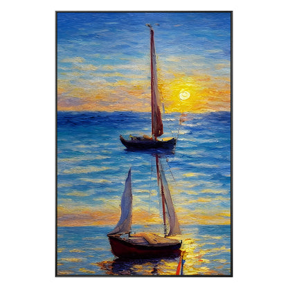 Original Sailboat Painting: Gold & Blue Seascape, Framed Canvas Wall Art #9