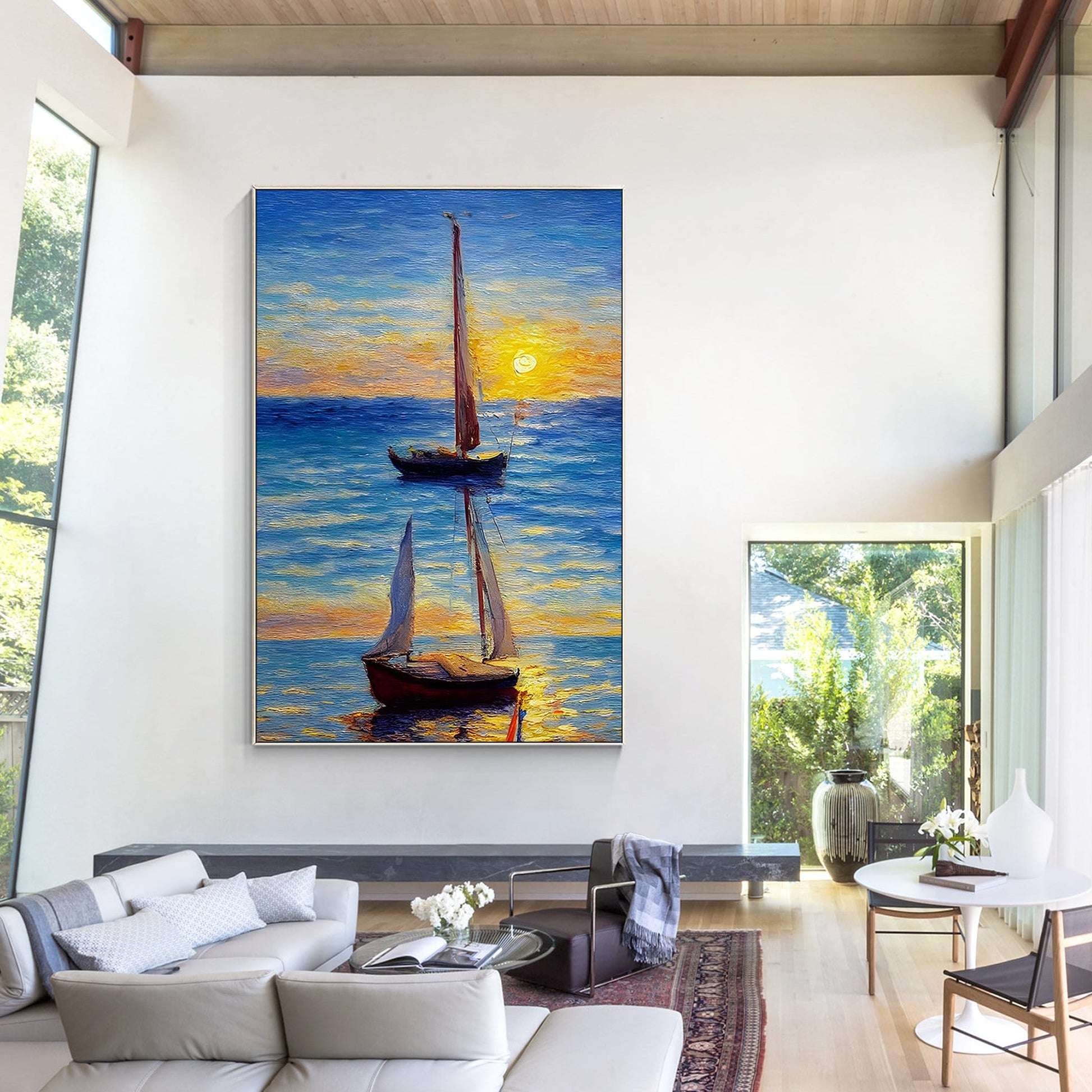 Original Sailboat Painting: Gold & Blue Seascape, Framed Canvas Wall Art #1