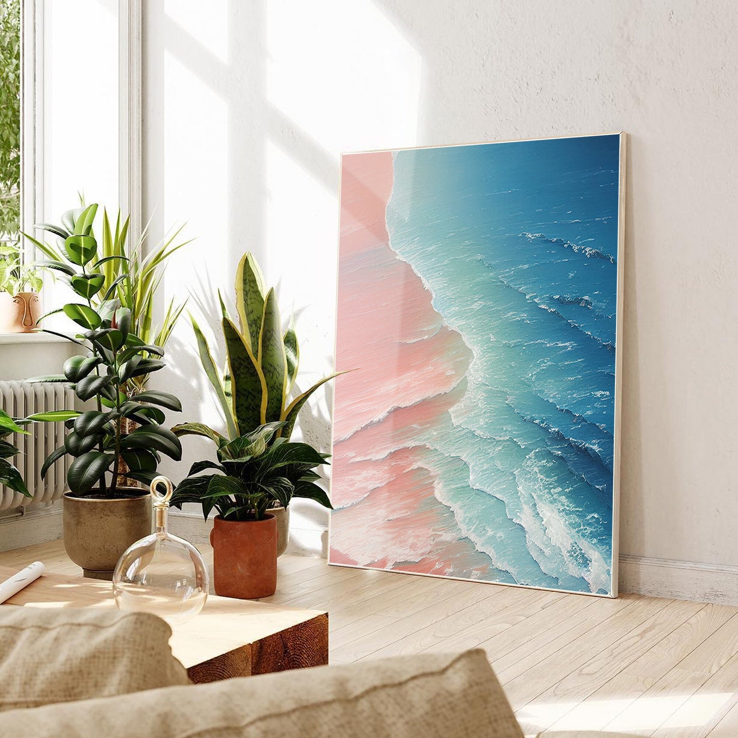Original Seascape Painting: Blue Pink Sea Wave Texture, Framed Canvas Wall Art #2
