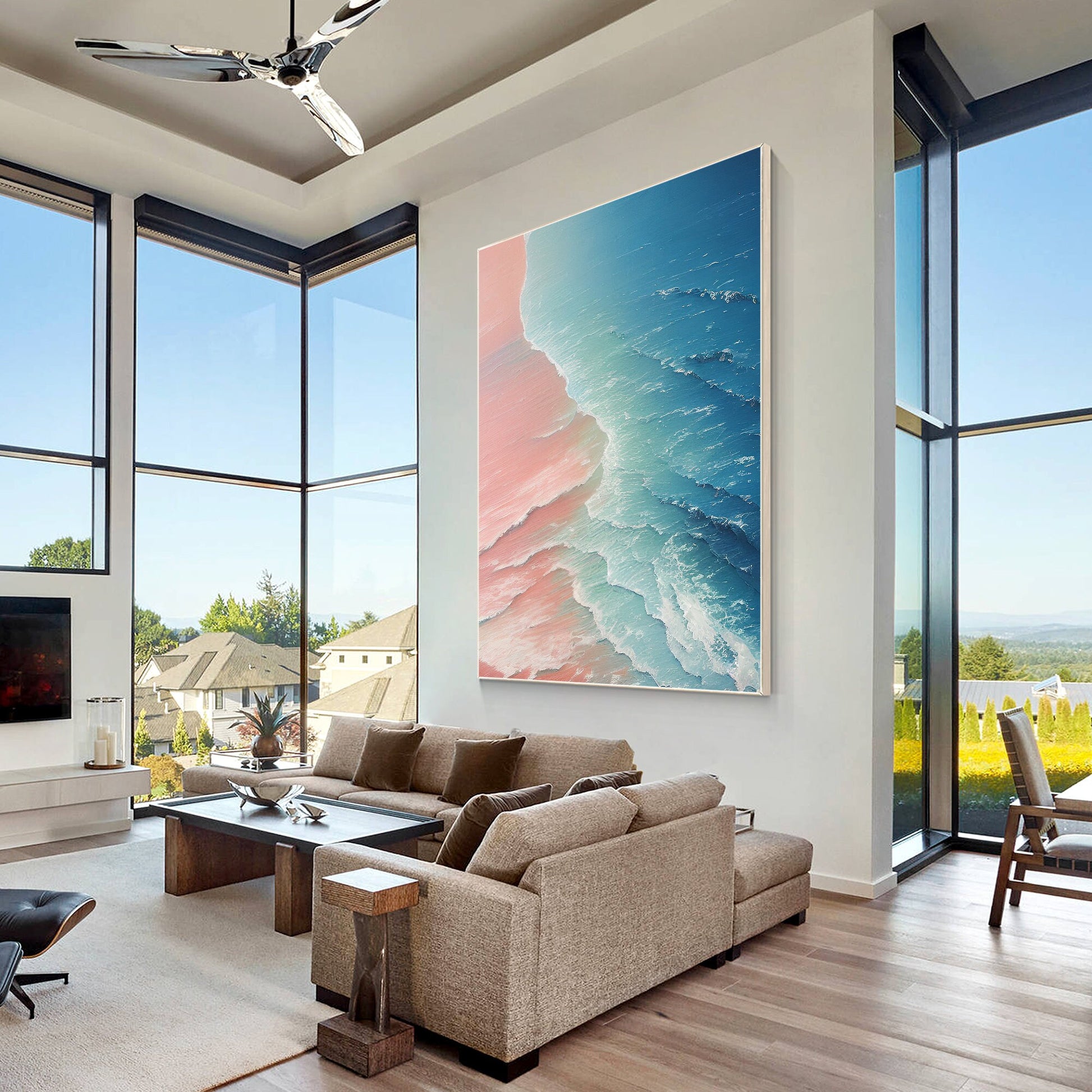 Original Seascape Painting: Blue Pink Sea Wave Texture, Framed Canvas Wall Art #3