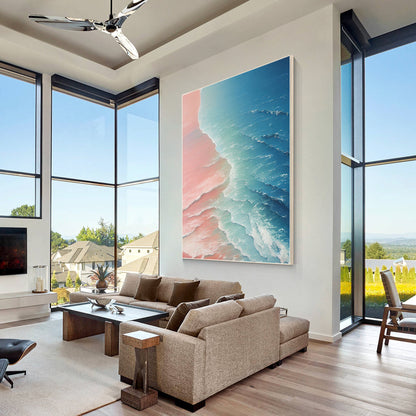 Original Seascape Painting: Blue Pink Sea Wave Texture, Framed Canvas Wall Art #3