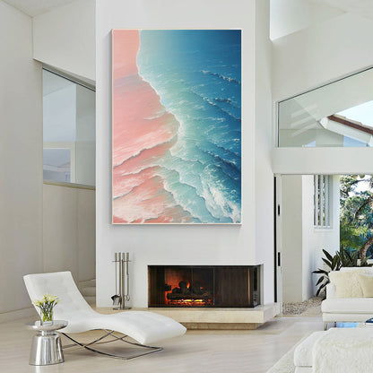 Original Seascape Painting: Blue Pink Sea Wave Texture, Framed Canvas Wall Art #4