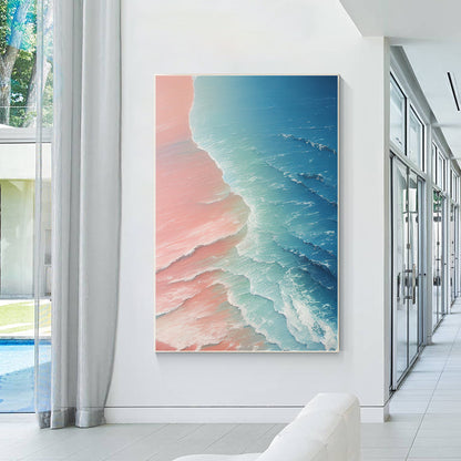 Original Seascape Painting: Blue Pink Sea Wave Texture, Framed Canvas Wall Art #5