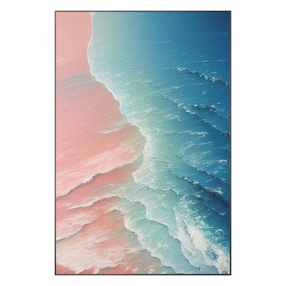 Original Seascape Painting: Blue Pink Sea Wave Texture, Framed Canvas Wall Art #9