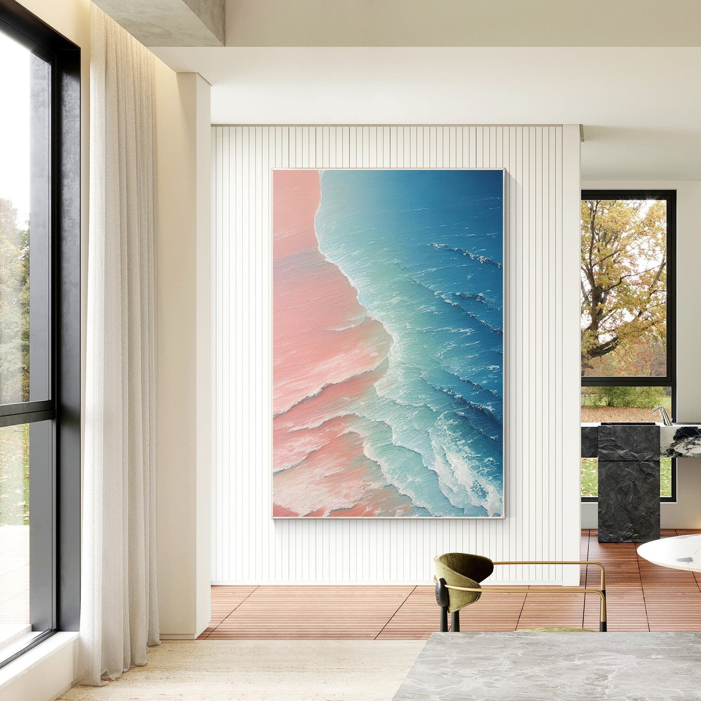 Original Seascape Painting: Blue Pink Sea Wave Texture, Framed Canvas Wall Art #1