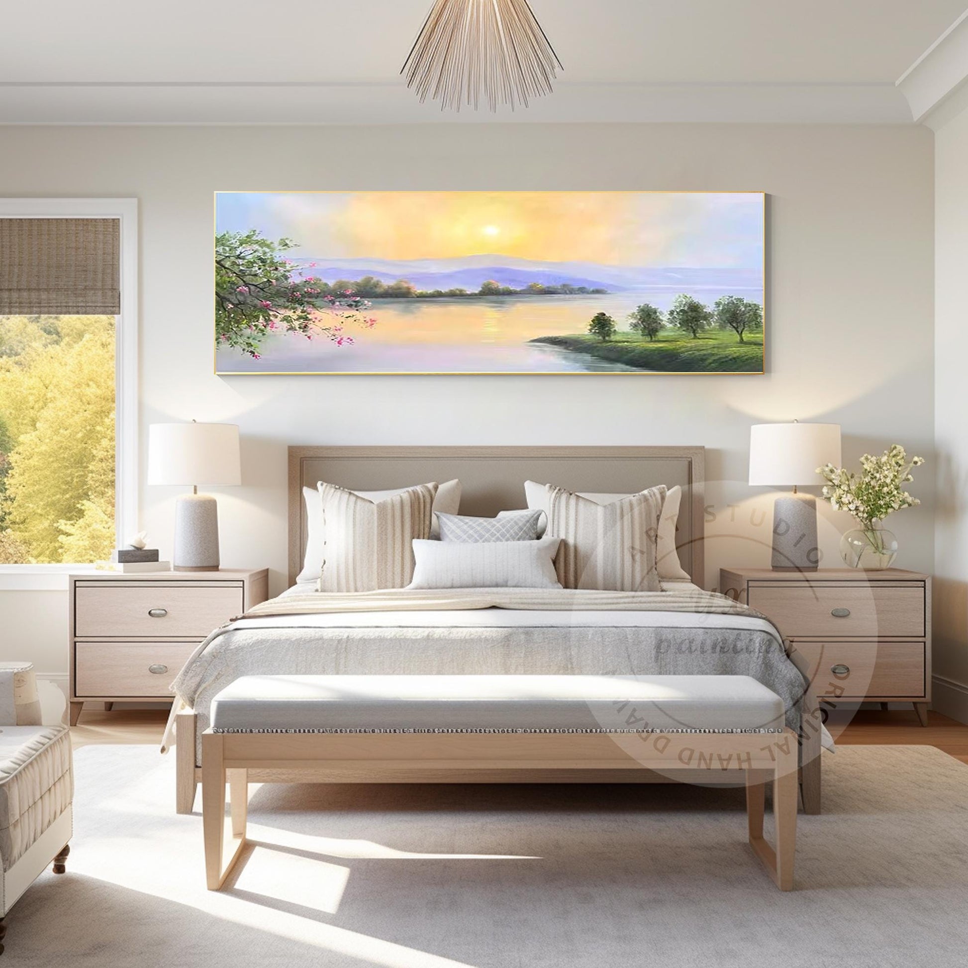 Original Sunrise Oil Painting: Long Narrow Forest River, Mountain Lake Oriental  #2