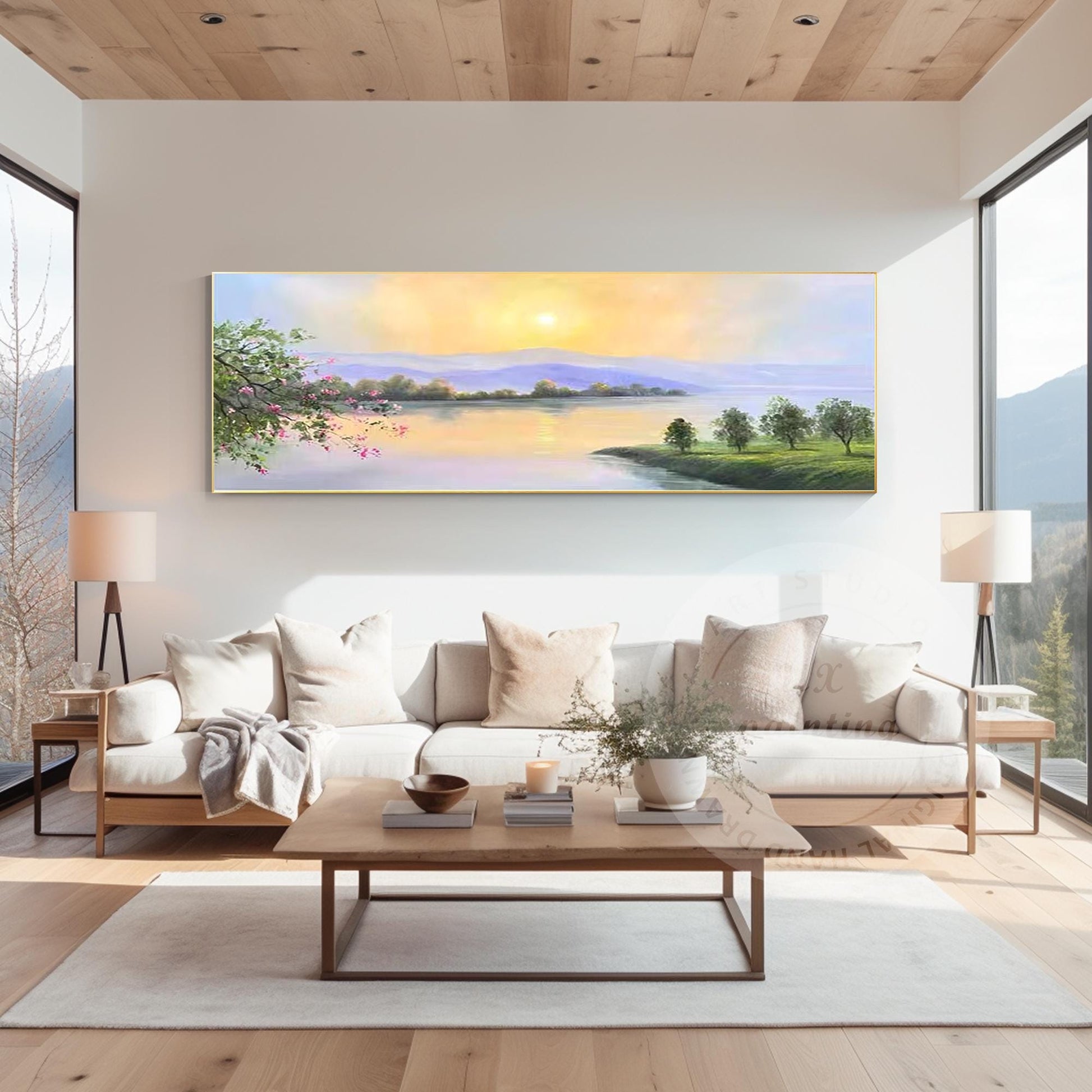 Original Sunrise Oil Painting: Long Narrow Forest River, Mountain Lake Oriental  #4